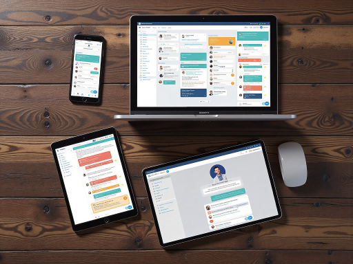 AI聊天机器人工具界面，显示对话框和智能回复功能，蓝色科技风格背景