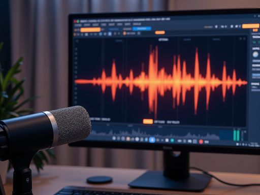 AI语音识别工具界面，显示语音转文字和音频分析功能，语音技术风格背景